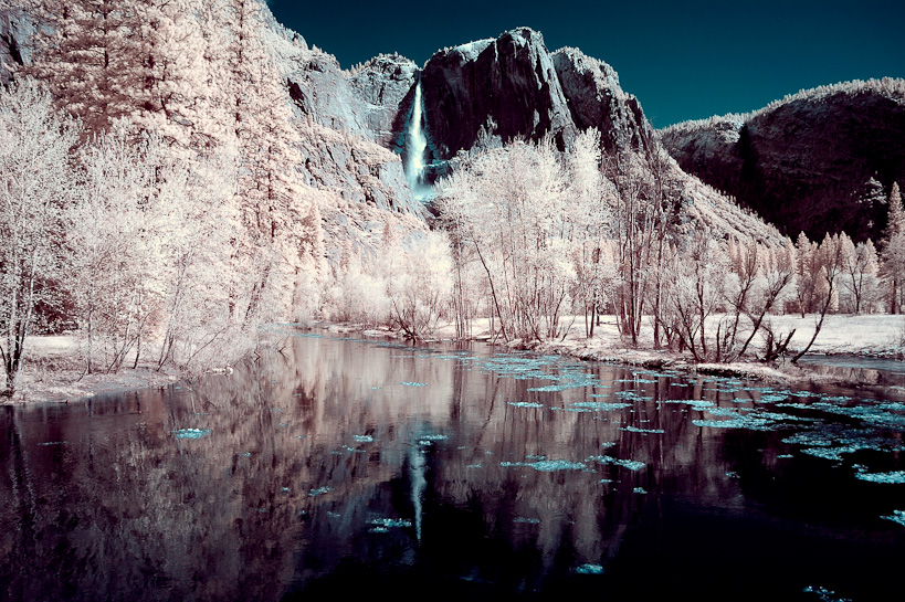 Ice on Merced River with Yosemite Falls
